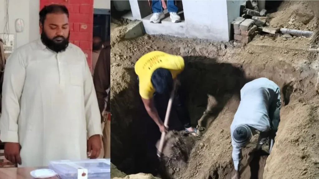 शामली में पत्नी और दो बेटियों की हत्या का आरोपी बाएं. सैप्टिक टैंक की खुदाई कर शव निकाले गए.